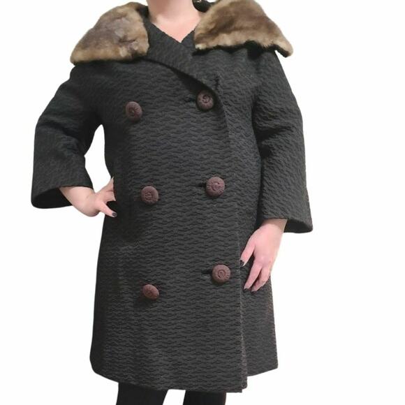 VTG Coat Len Artel Mink Fur Trim ILGWU 3/4 Sleeve MCM Jacket Gray Brown - Picture 4 of 10